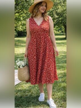 V-Neck Red Floral Midi Dress with Smocked Waist